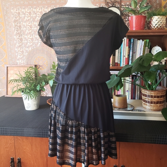 S vintage 70's/80's sparkly black disco dress w/tie - Picture 2 of 7